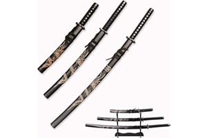 HIMMEL STORE 3pc Set japanische Samurai-Schwert mit Display-Ständer, Iaido Katana mit Drachen-Muster auf der Scheide, Samurai-Schwert-Set Für Dekoration und Sammlung