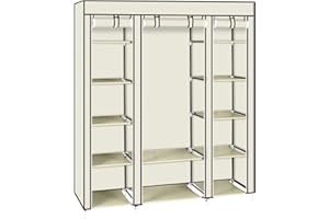 Bonnlo Kleiderschrank, Stoffschrank mit Kleiderstange und Ablagen Stabil, Stoffkleiderschrank für Schlafzimmer, 150 x 45 x 175 cm, geräumig, Faltbar, Beige
