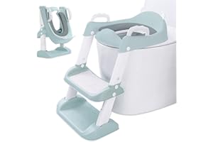 MUOIVG Réducteur Toilette Enfant avec Escalier, WC Enfant, Siège de Toilette avec PU Coussin Moelleux,Robuste, Pliable et Réglable,Adapté aux Toilettes en Forme de V, U, O