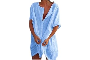 WESALOES Women Beach Cover Up Kaftans Swimsuit Coverup Long Beachwear Beach Dress with Buttons Linen Tops Shirt Dresses Bikinis Sarong Loose Blouse Oversized for Lady Swimdresses for Women UK