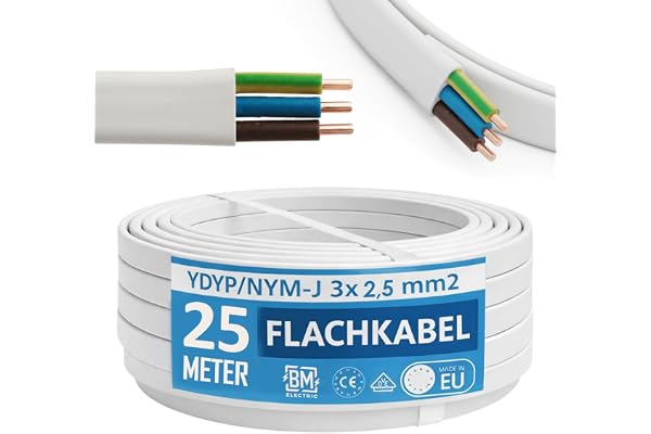 NYM kabel 3 x 2,5 mm² YDYp – strömkabel 3-polig 2,5 mm², platt kabel 25 m, 11 x 6 mm, fönstergenomföring, våtrumskabel, massi