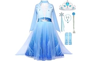 Snyemio Vestito Elsa per Bambina Ragazza Costume Regina Ghiacco Blu Abito Principessa Carnevale Cosplay con Accessori
