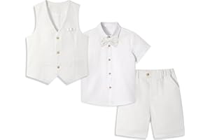 LOLANTA 4PZ Completo Cerimonia Bambino, Ragazzi Paggetto Matrimoni Abito, Bambini Gentiluomo Estate Lino Gilet Pantaloncini Suit Set, Battesimo Partywear, Gilet + Pantaloncini + Camicia + Papillon