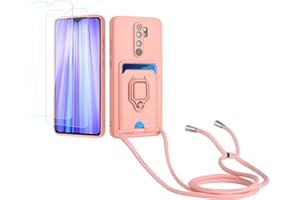 Kaslly Funda con Cuerda para Redmi Note 8 Pro+[2 Pack Protector Pantalla],TPU Silicona Case con Ranura para Tarjetas,Cubierta de Cámara Deslizante Proteger,Doble Cara Protección Cover-Rosa