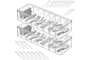 HRKVSK 2 Stück Kabel Aufbewahrungsbox, Kabelaufbewahrung, Kabel Organizer Box mit 8 Fächer Abziehbare, Transparenter Kunststoff Cable Management Box mit 20 Kabelbindern und Deckel für Heimat, Büro