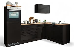 STELLA TRADING Jazz 6 Cucina angolare moderna senza elettrodomestici in nero opaco, effetto rovere Lanzelot, spazioso angolo cottura a forma di L con ampio spazio di archiviazione, 260 x 200 x 60 cm (larghezza x