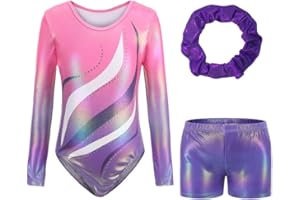 CUCUDY Body Ginnastica Artistica Bambina Ragazze - Body da Ginnastica Ragazze a Maniche Lunghe e Senza Maniche con Colori Sfumati Pantaloncini e Fascia per Capelli, Atletica Body per Bambini 5-14 anni