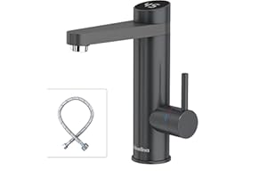 Briwellna Edelstahl Wasserhahn mit 120° drehbarem Auslauf, Warmwasserhahn 220V Tankloser Wassererhitzer 3.2kW, Elektrischer Armatur Badezimmer(Grey)
