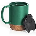 Generic Re-usable Ceramic Coffee Mug with Handle and Removable Lockable Lid with Sliding Sip Hole 400ML. Heatproof Cork Base Design. (Matte Green)