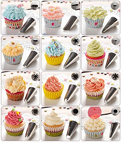 SANVA 24er Edstahl Spritztüllen Set+100er Spritzbeutel Garniertülle Torte Lochtülle für Pralinen, Plätzchen, Keksen, Kuchen und Torten Deko decorating tools aus Edelstahl (24er Spritztüllen + 100er Spritzbeutel) - 2
