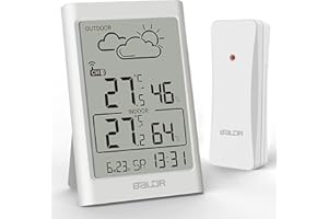 BALDR Wireless Weather Station with Outdoor Sensor, Thermometer Hygrometer Digital Indoor Thermo-Hygrometer Digital Humidity Meter with LCD Shade for Bedroom, Office, Living Room (White)