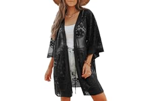 Bsubseach Women Sexy Lace Crochet Open Front Swimsuit Beach Long Kimono Cover Ups