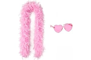 Moorlan Pink Feather Boa 2m with Heart Rimless Sunglasses, Soft Turkey Feather Scarf for Women, Perfect for Dancing, Wedding, Hen Party, Halloween, Christmas, Cosplay and Photo Props