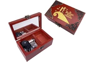 Youtang Caja de música de Pesadilla antes de Navidad con espejo grabado con láser, caja musical de madera, regalo musical para ella, él, novia, novio (Melody: This is Halloween, movimiento plateado)