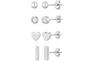 VEEDOFA 4/6 Pairs Silver Stud Earrings for Women, Hypoallergenic 925 Sterling Silver Stud Earrings, Zirconia Moon Ball Heart Lightning Studs Sets for Women Gifts