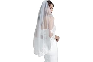 BEAUTELICATE Wedding Bridal Veil 1 Tier With Lace Applique Edge Fingertip Length Veil With Comb Vintage Mantilla Veil White Ivory V68