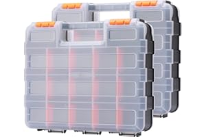 CASOMAN Double Side Tool Organizer, with Impact Resistant Polymer and Customizable Removable Plastic Dividers, Hardware Box Storage, Excellent for Screws,Nuts,Small Parts, Black/Orange. 2-Pieces Pack