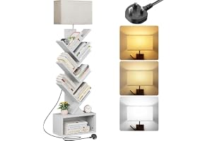 Forubar 6 Tier Tree Bookshelf with Light, Corner Display Bookshelf with 3 Color Lamp, Tall Floor Standing Book Organizer with Storage Cabinet for Living Room, Bedroom (White)