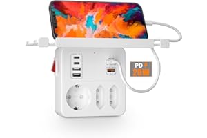 AONOKA PD20W Presa con Interruttore,Presa Multipla Salvaspazio USB C con PD20W e QC18W Ricarica Rapida,Ciabatta Multipresa da Parete 3 Prese Schuko 6 USB Con Supporto per Cellulare e Caricabatteria,Bianco