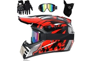 GDAONUDK Casque IntéGral VTT/Cross, Casque de Moto Tout-Terrain DOT Pour Jeunes Enfants, Avec Lunettes, Gants Et Masque, Casque de Descente, Bmx, Quad, Dirt Bike(Dark red,M(54-55cm))