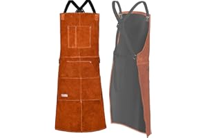 LeaSeek Grembiule per Saldatura in Pelle Bovina con 6 Tasche per lavoro degli Utensili Pesanti con filo più Forte di Kevlar Americano, Regolabile da M a XXL per Uomo e Donna
