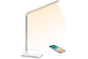 SLATOR Lampe de Bureau LED, Dimmable 5 Modes de Couleur 10 Niveaux de Luminosité, Flexible Contrôle Tactile Protection des Yeux,Lampe de chevet Avec Port USB et Fonction Minuterie