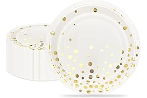 ZVK Assiettes de fête 23cm Paillettes dorées Assiettes en Carton jetables Blanc Assiettes en papier de fête 50 pièces Vaisselle Jetable Vaisselle de fête pour baptême, anniversaire, mariage
