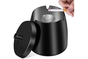 BRSINSE Aschenbecher, Aschenbecher mit Deckel (9×7×9cm), Edelstahl Aschenbecher für Draussen, Sturmaschenbecher als Windaschenbecher, Standaschenbecher mit Rutschfest Boden für Draußen und Innen (Schwarz)