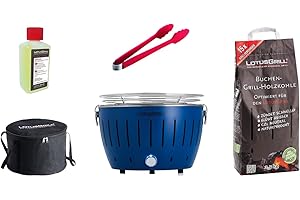 LotusGrill S Small Kompakt Starter-Set Tiefblau der raucharme Holzkohlegrill mit 2,5 kg Buchenholzkohle, 200 ml Brennpaste,1x Zange (Farbe nach Vorrat), 1x Tasche. Stromversorgung USB oder Powerbank