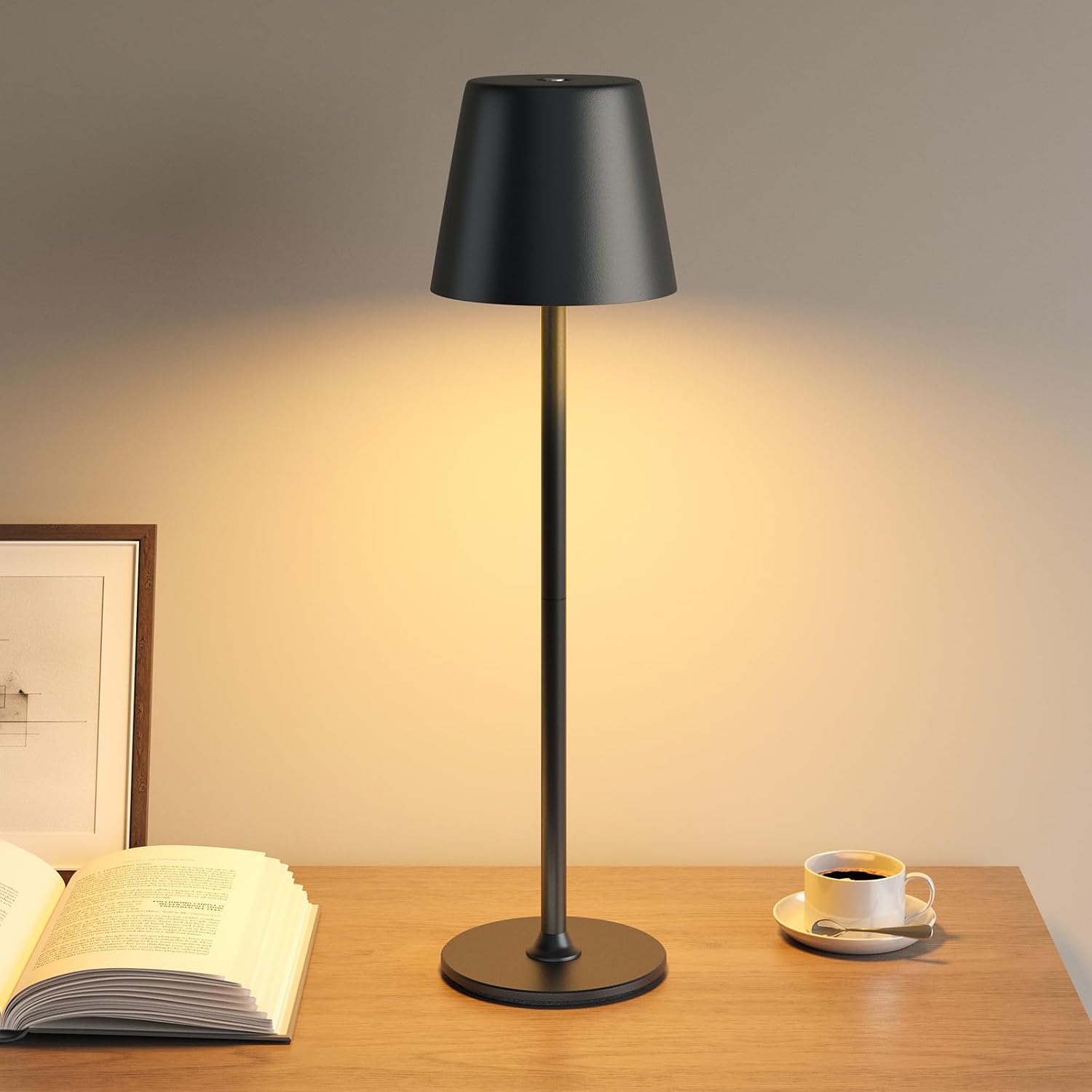 UPXNBOR Night Light, LED Touch Bedside Table Lamp, Cordless Rechargeable USB Table Lamp, 3-Level Dimmable Brightness, IP54 Waterproof, Full Metal Housing, Dual Battery Power, Black