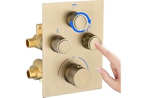 GETSHOWERSET Thermostatic 3 Way Concealed Shower Mixer Valve - Brass 3 Outlet Diverter with Push Button, Adjustable Water Flow & Temperature, Simultaneous Operation (Brushed Gold)