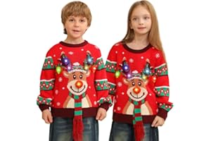 DDKJ Christmas Jumper Kids with Lights,Light Up Christmas Jumpers for Girls Boys,Unisex Funny Cute Red Reindeer LED Flashing Ugly Christmas Sweater,Rude Novelty Xmas Jumper Children Age 4-13 Years