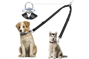 Kelivi Double Dog Lead Coupler, No Tangle 360°Swivel Rotation Two 2 Splitter, Heavy Duty Adjustable Bungee Reflective Dual Leash for Walking Medium Large (Black)