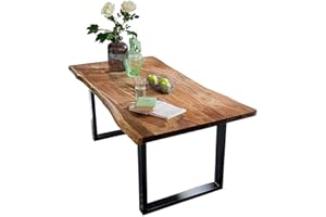 ‎SAM SAM Baumkantentisch 120x80 cm Quarto, Akazienholz massiv + nussbaumfarben, Esstisch mit schwarzem U-Gestell, Esszimmertisch/Holztisch Industrial-Design, Tischplatte 26 mm