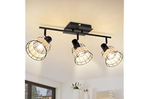DEPULEY 3 Ways Ceiling Spotlight, Adjustable Led Ceiling Light, Black Metal and Rattan Lampshade, E14 Sockets, Ceiling Light Fitting for Kitchen,Living Room,Bedroom,Dining Room,Hallway(Bulbs not Include)
