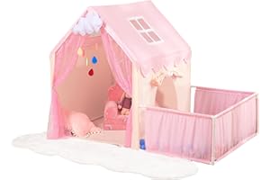LOAOL Large 2-in-1 Kids Play Tent with Playpen - Princess Tent with Cloud Ornaments, Pink Indoor Playhouse for Girls, Toddler Fort with Two Windows (Pink)