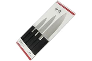 KAI Wasabi Black Juego de cuchillos 3 piezas - Cuchillo multiusos de 10 cm, Cuchillo multiusos de 15 cm, Cuchillo de chef de 20 cm - Acero inoxidable 6A/1K6 pulido 58 HRC Mango de polipropileno negro
