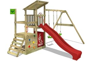 FATMOOSE Aire de Jeux FruityForest Fun XXL portique en Bois avec balançoire et Toboggan Rouge, Tour d'escalade pour Enfants avec bac à Sable, échelle et Accessoires de Jeu pour Le Jardin.