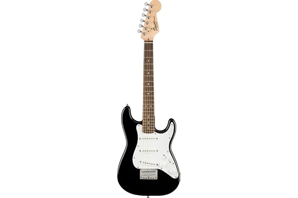 Squier by Fender Mini Stratocaster, Guitare Electrique, Touche en Laurier, Noir, Inclus des Cours Virtuels Gratuits sur Fender Play