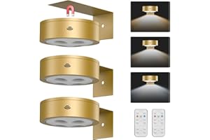 EUIOKUN 3Pack Wireless Picture Light,Battery Operated Painting Light with Remote,Magnetic Timer Display Art Light for Wall,Dimmable Picture Frame Light for Frame Artwork,Wall Decor Puck Light-Gold