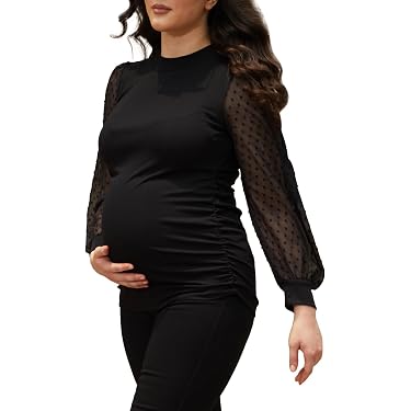 Damen Umstandsshirt Mit Mesh-Ärmeln – Swiss Dot Bluse, Tailliert, Langärmlig, Für Herbst, Casual & Schwanger