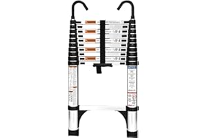 HBTower Escamotable en Aluminium,Echelle telescopique 3.2M/10.5FT avec Crochets,Echelle plianteConvient aux Camping-Cars, greniers, extérieurs et intérieurs, Charge Max 150 kg (Argenté)