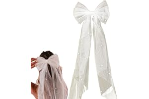 FNGYUYEUIB 1 Stück Braut Haarschleife Schleier, Weiße Schleife Schleier Haarspangen, Weiße Perlen Brautschleier, Perlen Tüll Schleier Brautschleier, für die Braut oder Brautjungfern zum Tragen oder Verschenken