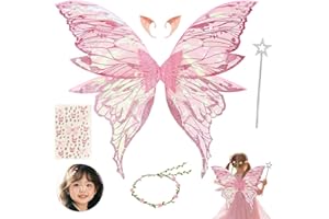 HIQE-FL Costume d'ailes de fée,Ailes de Fée Papillon pour Filles,Ailes d'elfe avec Oreilles d'elfe,Baguettes de Fée Étoile,Autocollants,Couronne de Fleur,Halloween,Carnaval,Fête à thème (L)