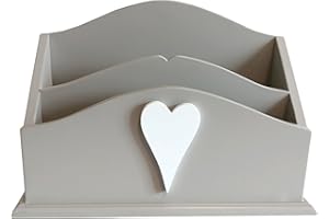GREYZOUQ Country Style Light Grey Wooden Letter Rack with Decorative White Heart - Two Compartment Organizer for Kitchen, Hallway, or Study - Rustic and Chic Home Decor