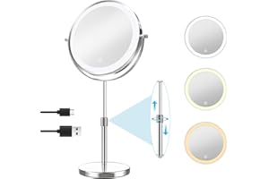 TopDirect Specchio Trucco con Luci 8 Pollici, Specchio Cosmetico 35 a 45 cm Regolabile Altezza, Ingranditore 1X/10X, 3 Modalità Colore e Rotazione a 360°, Doppia Faccia Specchio con Luci