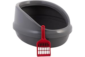 Iris Ohyama, Caja de arena de plástico con borde levantado y pala, A50 x F39.4 x A27cm, Unidad, Borde removible, Sin BPA, PNE-500H, gatos, Gris