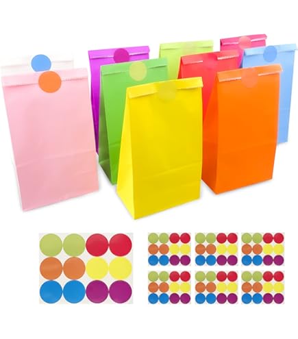 JOPHEK Sac Cadeau, Sacs Anniversaire, 40 PCS Sac Anniversaire Enfant Avec 48 Autocollants Mignons, Sac Bonbon Sac Papier Cadeau, Sachet Bonbons Anniversaire Sac Cadeau Petit Format Pour Mariage