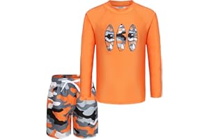 AISYEE Boys Swimming Costume Two Piece Swimsuit Set with Swimming Trunks Kids Long Sleeve Bathing Suit Swimwear