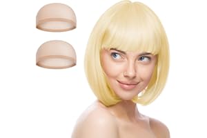 Aomig Peluca Oro Blanco, 3pcs Recta Corta Peluca de Anime Cosplay con Redecilla Pelo, Pelucas Corto Bob con Flequillo de Sintética, Pelucas de Color Neón para Halloween Carnaval de Mujer y Niñas